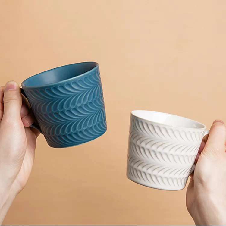 Wholesale Modern Rustic 10oz Decorative Unique Embossed Blue Coffee Cup White Mug Ceramic