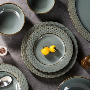 Ensembles de vaisselle émaillée réactive Vaisselle en porcelaine Assiette plate 8.5/10.5 "Assiettes à dîner vintage en céramique pour restaurant - Product Image 1