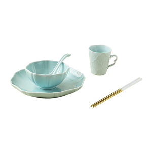 Juego de Tazones de Cerámica con Relieve, Forma Irregular, Color Azul Claro, Vajilla para Uso Diario - Product Image 5