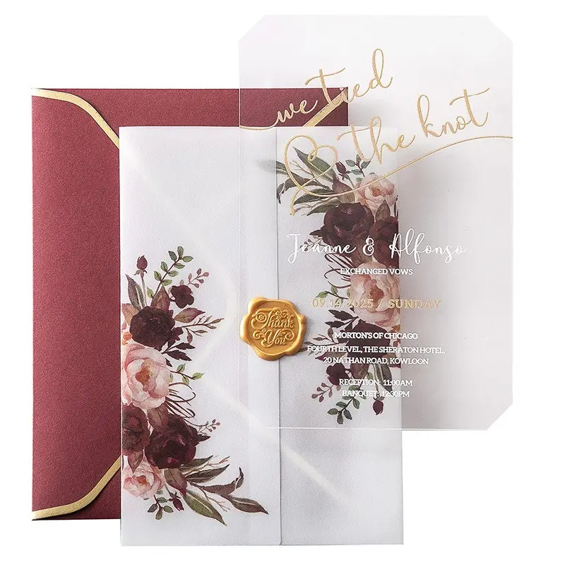 Cartão romântico personalizado de convite de casamento para festa de aniversário de negócios em acrílico transparente com envelope
