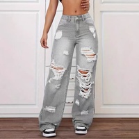 Jeans décontractés européens à bords effilochés, en denim délavé, taille haute, coupe droite, polyvalents et amples pour femmes