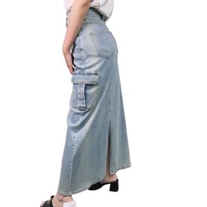 กระโปรงยีนส์เอวสูงสีพื้นผ้าฝ้ายมีกระเป๋า สไตล์ลำลองสำหรับผู้หญิง ขายดี - Product Image 4