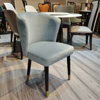 Chaise de salle à manger moderne de luxe JP en velours bleu poussière, dossier incurvé, rembourrée avec pieds à pointes dorées pour hôtel, café, maison