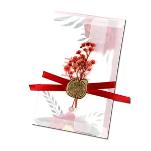 말린 꽃과 함께 맞춤형 벨럼 종이 커버 청첩장, 봉투 및 왁스 인감 일반 검정 잉크 인쇄 카드