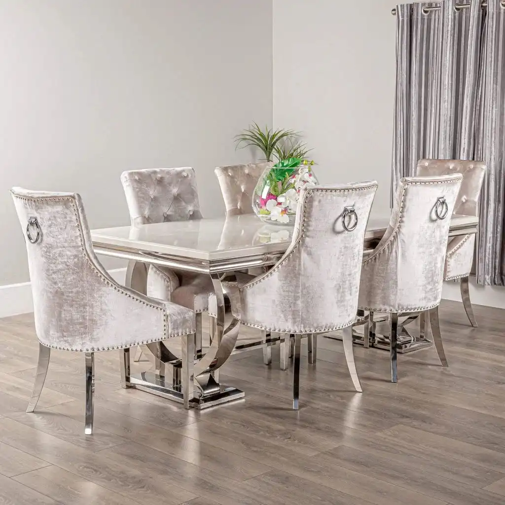 आधुनिक लिविंग रूम फर्नीचर स्टेनलेस स्टील डाइनिंग टेबल और कुर्सियां सेट संगमरमर के शीर्ष भोजन टेबल सेट