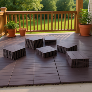 Dalles de terrasse emboîtables 12x12 marron foncé, revêtement de sol imperméable pour porche, composite bois-plastique, design moderne - Product Image 2