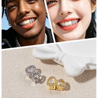 2 pièces Grillz en cuivre avec zircon creux rectangulaire en forme de goutte, bijoux dentaires Hip Hop à micro-insertion pour rappeur, costume de cosplay d'Halloween