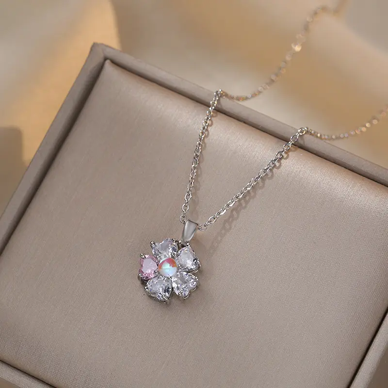 Collier en cristal de Zircon exquis, pendentif rose en acier inoxydable, chaîne dorée, accessoires de bijoux pour femmes 2023 Ne