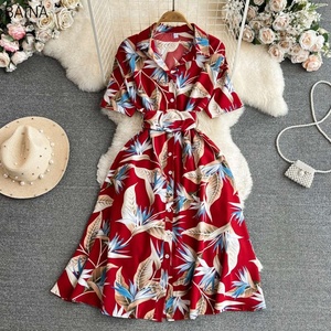 New Flower In Ấn Giản Dị Dresses Lần Lượt Xuống Cổ Áo Duy Nhất Ngực Vành Đai Thắt Lưng Phụ Nữ Ăn Mặc Tương Phản Một Dòng Phụ Nữ Quần Áo - Product Image 4