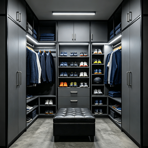 Armoire moderne en bois gris mat pour adolescents, avec dressing intégré, étagère à chaussures multi-niveaux et meuble <span class=keywords><strong>de</strong></span> rangement pour ballons <span class=keywords><strong>de</strong></span> basketball, idéale pour villas <span class=keywords><strong>de</strong></span> luxe - Product Image 1