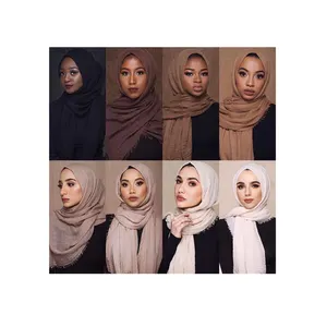 Produsen Pabrik SC-158 Jilbab Panjang Malaysia Syal Lipat Pinggiran Monokromatik Katun Linen Instan Jilbab Sifon Berat