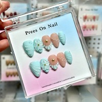 Ongles à presser Tacana, 10 pièces, courts, amande, motif floral, perle, bleu tendance, haute qualité, vente en gros, nouvelle arrivée, capsules d'ongles à couverture complète