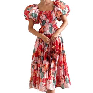 Vestido Casual para Mujer, Ropa de Tela Personalizada, Vestido con Estampado Floral, Hombros Descubiertos o Cuello en U, con Puntadas Decorativas - Product Image 2