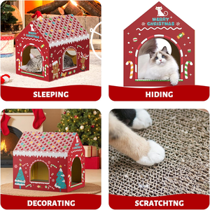 <b>Cardboard</b> Cat House Scratcher, Christmas Cat Houses for Indoor Cats Bunny&Kitten Hideaway Cats Scratching <b>Playhouse</b> - Product Image 3