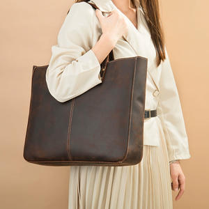 Sac fourre-tout en cuir Crazy Horse rétro traditionnel, grande capacité, sac à bandoulière pour femme, sac de transport multifonctionnel unisexe - Product Image 1