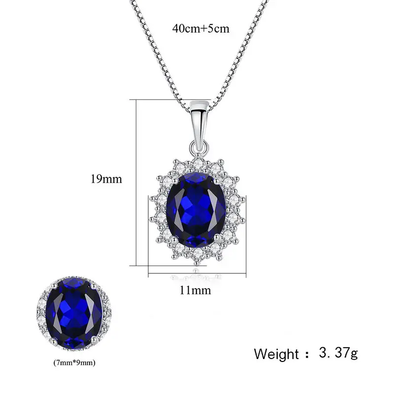 Set perhiasan pernikahan pengantin, Set kalung anting-anting batu safir biru perak murni 925