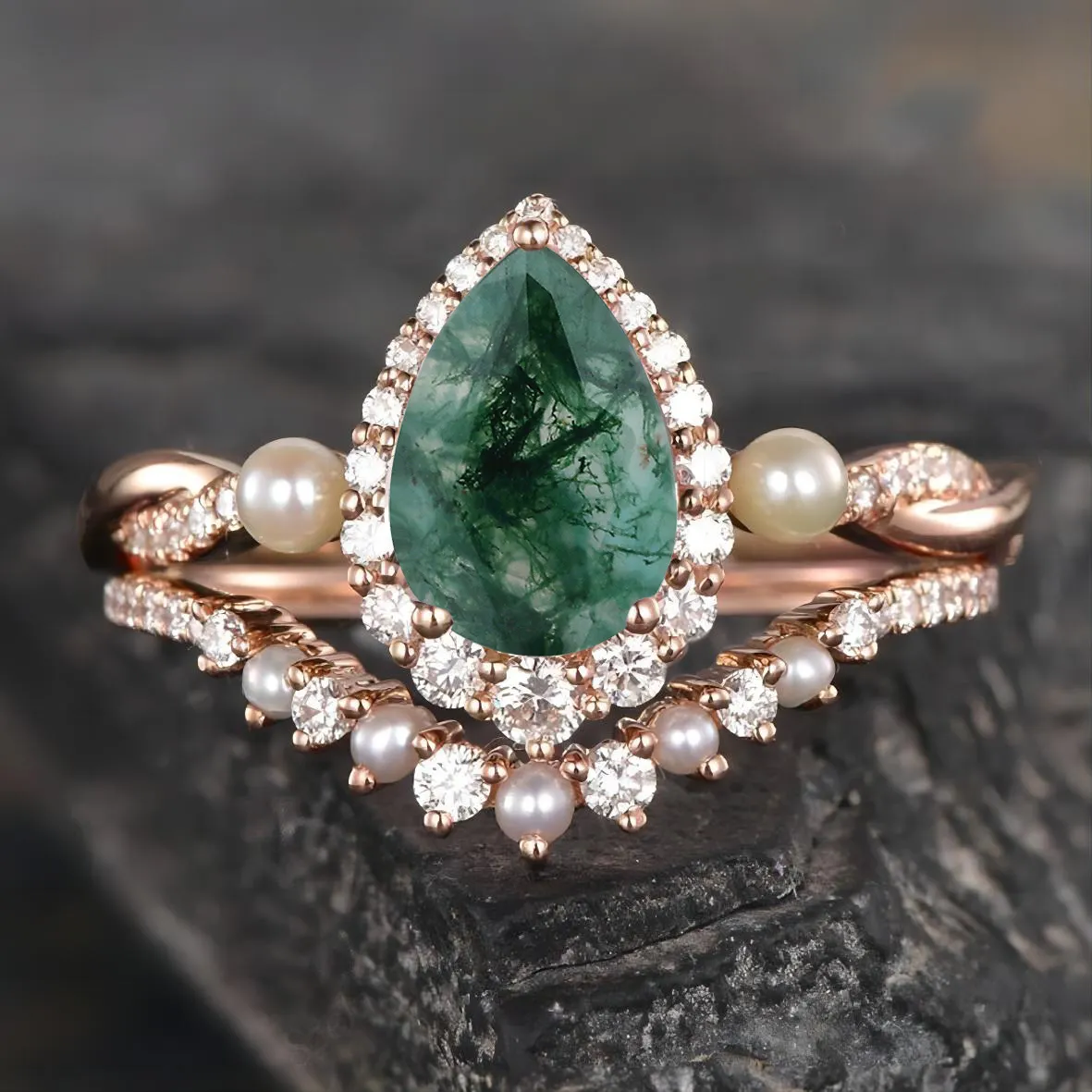 Set Batu Akik Lumut Daun Inspirasi Alami Cluster Emerald Aquatic Agate Wanita Batu Hijau Unik Pir Cincin Pernikahan Set