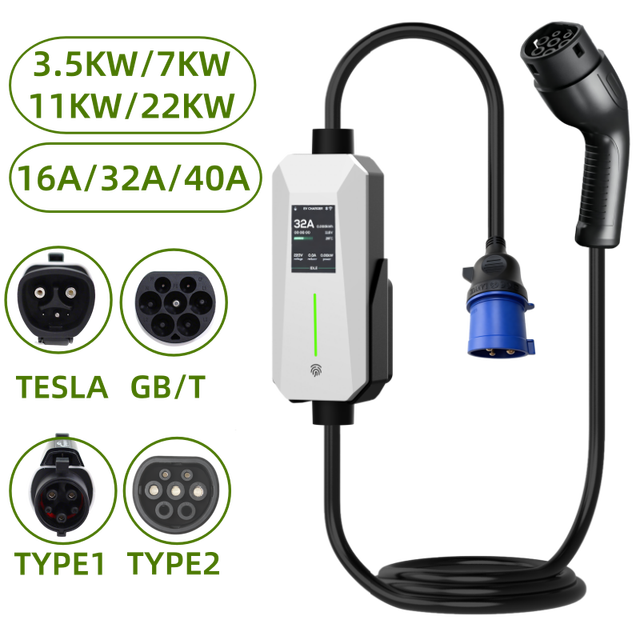 Smart New 7KW Type2 16A 32A 40A Portable EV Charger APP WiFi Control Adjustable IP66 LCD Display Universal Home Travel