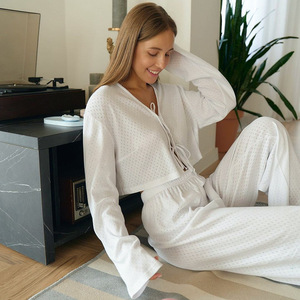 Wholesale <b>Women</b> Breathable Knit Polyester <b>Thermal</b> V-neck for Set Long Sleeve Tie up Top High Waist Pants - Product Image 2