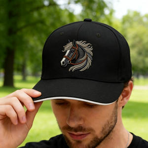 หมวกแก๊ปทรงวินเทจลายปักหัวม้า สีดำ ปรับขนาดได้ เหมาะสำหรับสไตล์ลำลองในชีวิตประจำวัน - Product Image 1