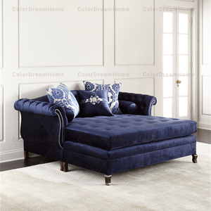 Blue Elegant Chesterfield Fabric Upholstered Chaise Lounge <strong>Sleeper</strong> <strong>Sofa</strong> - Product Image 1