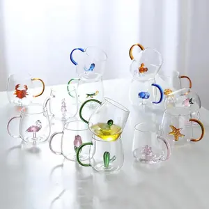 3D-Trinkglasbecher mit niedlichen Nutztieren in handgemachtem Glas Tier figur Stemless Color Griff Glas becher für Wasser