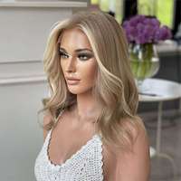 Wig Rambut Eropa Murah Model Bob Pendek Lace Top Wig Yahudi Gelombang Alami Highlight Warna Emas Wig Full Lace Front untuk Wanita