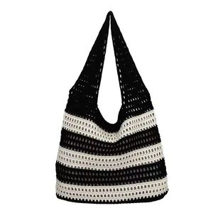 Sac fourre-tout tissé à la main élégant pour femme, idéal pour les vacances à la plage, sac à bandoulière tricoté ajouré rayé - Product Image 1