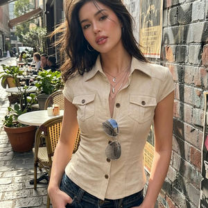 American Street Style Cargo <b>Shirt</b> Women Button Front Collared Top Multi Pocket Slim Fit Waist Cinched Casual Top - Product Image 4