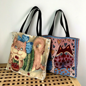 Vintage <b>Canvas</b> Tote Bag With Cat Printing For Women Shopping Bag All Seasons Style - Product Image 1