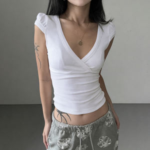 Novedad de Verano: Blusa Casual de Manga Corta con Cuello en V y Encaje para Mujer, Corte Ajustado - Product Image 4