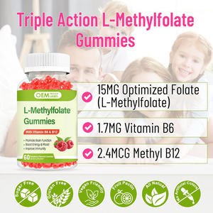 OEM Organik 15mg L-Metilfolat Jelibonları, Metil B12, Folat Vitamin B6 B12 Takviyesi ile Beyin Fonksiyonlarını Destekler ve Ruh Halini İyileştirir - Product Image 3
