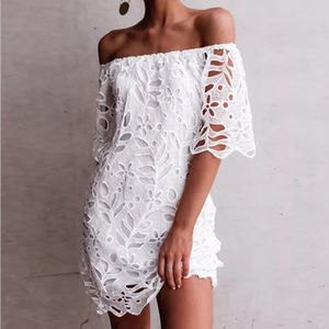 Stylish <b>women's</b> cutout off-shoulder short-sleeved party embroidery <b>dress</b> custom cotton mini <b>dress</b> - Product Image 5