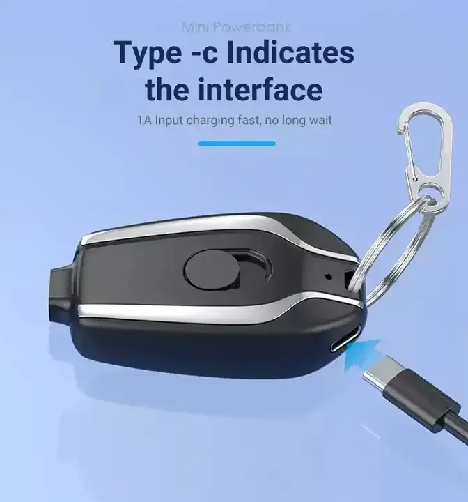 Gantungan kunci pengisi daya portabel tipe C, gantungan kunci ponsel darurat kecil portabel, gantungan kunci pengisi daya Power bank