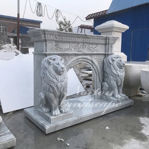 Cadre de cheminée décoratif européen en marbre blanc sculpté avec statues de lions en pierre pour décoration intérieure - Product Image 2