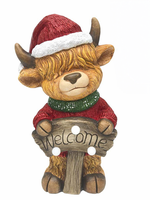 Statue de jardin en résine de vache des Highlands de Noël avec lumière LED et panneau de bienvenue, décoration de vacances pour patio extérieur et porte d'entrée