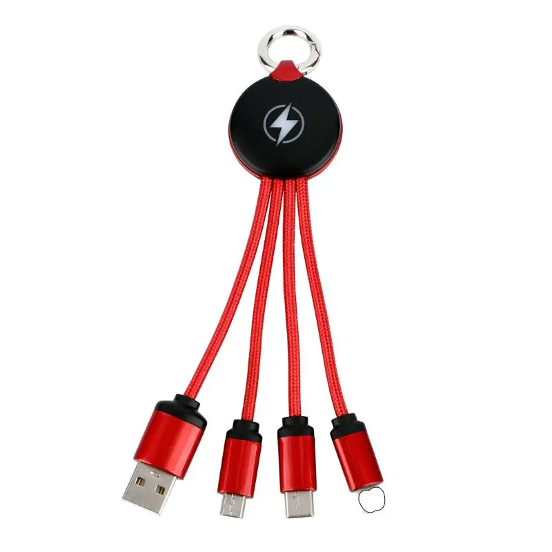 Logo menyala tiga dalam satu kabel data multifungsi kabel hadiah bisnis gantungan kunci satu tarik tiga kabel pengisi daya
