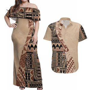Coppie di Bula Fiji personalizzate abbinate a spalle scoperte Maxi abito e camicia hawaiana abiti da vacanza tribale Masi Tapa Beige taglie forti - Product Image 1