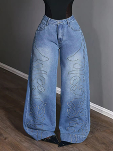 Jeans vintage pour femmes, jeans en denim à jambes larges, broderie, tendance, mode, avec fonction stretch, jeans extra larges pour femmes - Product Image 4