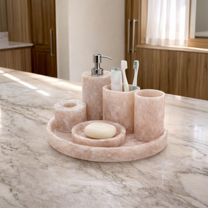 Juego de baño de resina de seis piezas, jabonera redonda, soporte para cepillos de dientes, dispensador de jabón, diseño minimalista, fácil de limpiar, para encimera - Product Image 1