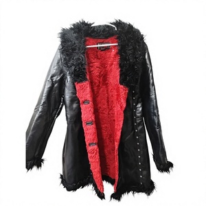 Black Faux Leather Long Motorcycle Jacket With <b>Fur</b> <b>Trim</b> Red Faux <b>Fur</b> Lined Winter Women's Coat Full Sleeve Windproof - Product Image 1