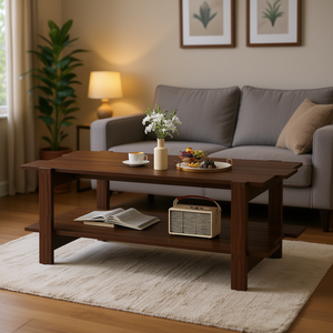 2-Tier Slatted <b>Walnut</b> <b>Coffee</b> <b>Table</b> With Storage Shelf Elegant Design Modern Living Room Furniture - Product Image 2