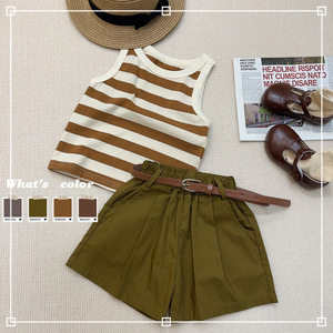 Ensemble de vêtements pour filles, haut rayé fin et short ceinturé, deux pièces, pour un usage quotidien en plein air et décontracté - Product Image 2