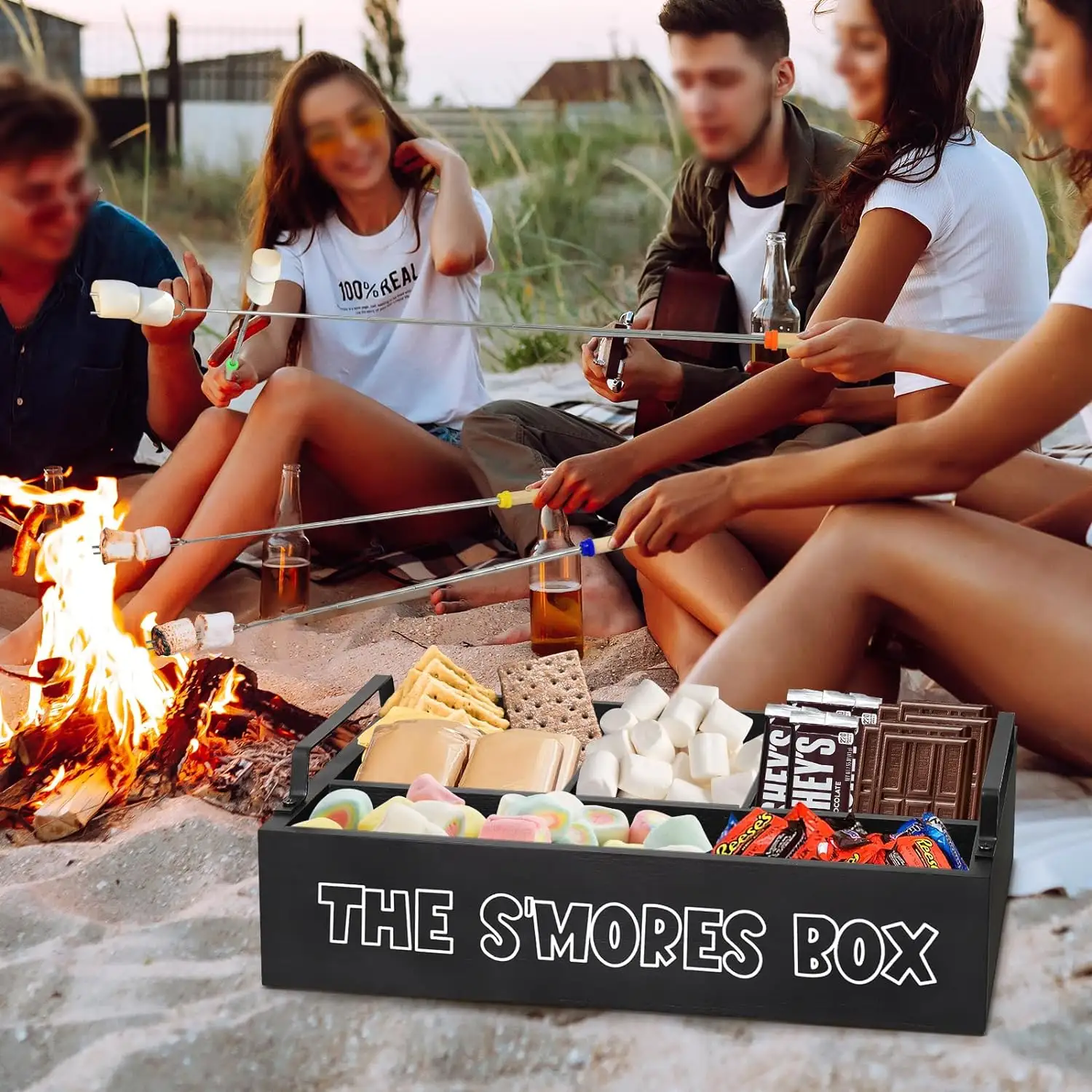Bamboo smores stick set caddy for fire pit and smores roasting station bar holder wooden box