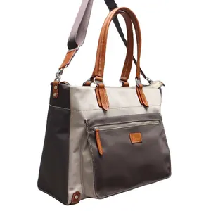 Modern Style Plain zipper Leather Trimming Beige and Brown Unisex Handbags Long webbing strap big volume fashion handbags