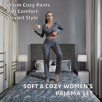 Set Piyama Wanita Mewah V-neck Lengan Panjang Pinggang Elastis Bahan Lembut Termal 2-Potong Desain Garis-garis Celana Tidur Musim Semi Gugur