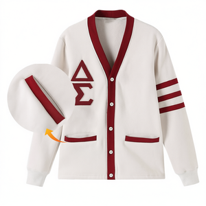 Sigma Thita Sorority Inspired Casual White & Crimson Merino Wool Varsity <b>Cardigan</b> <b>Sweater</b> - Product Image 1