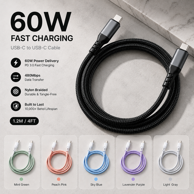 60W Fast Charging USB Type-C Cable 1.2m PD Nylon Braided USB 2.0 Data Cable for Smartphone Tablet OEM ODM Wholesale