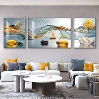 Peinture murale moderne, triptyque décoratif pour salon, peinture de luxe légère en porcelaine cristalline et alliage d'aluminium noir/or, paysage