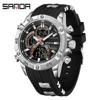 SANDA 6162 Modische Elektronische Quarz-Digitaluhr Silikonarmband Countdown Zwei Zeitzonen Wasserdichte Herren-Sportuhr mit Box